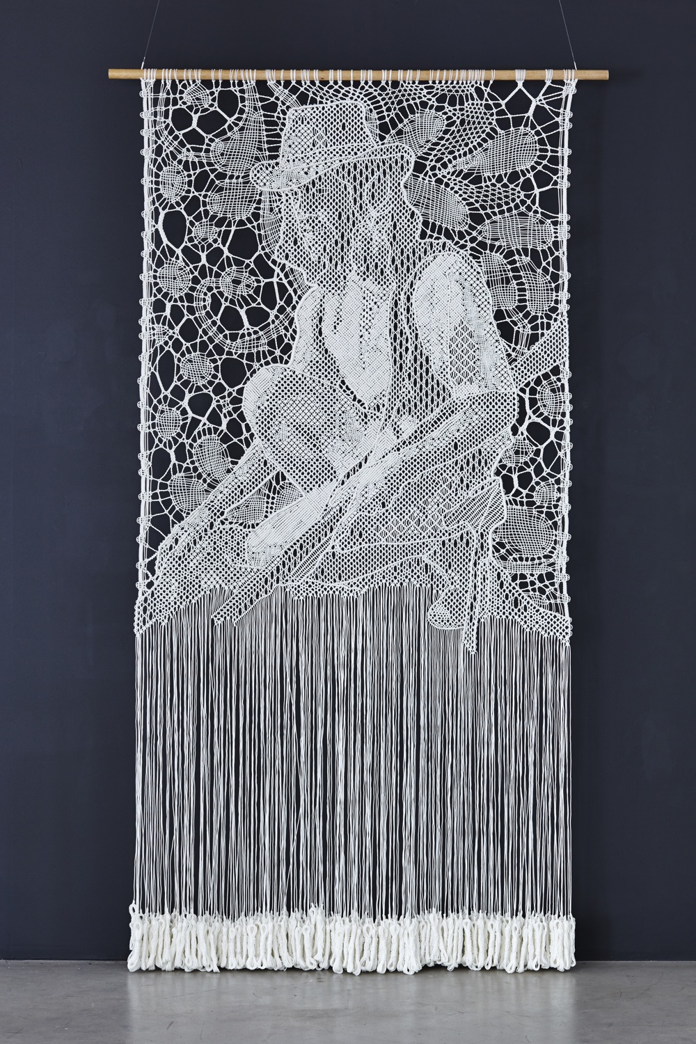 Pierre Fouché. Brett posing for an imaginary portrait of Raymond Buys (2015). Bobbin lace and macramé in polyester braid. 265 x 140cm. Private collection.