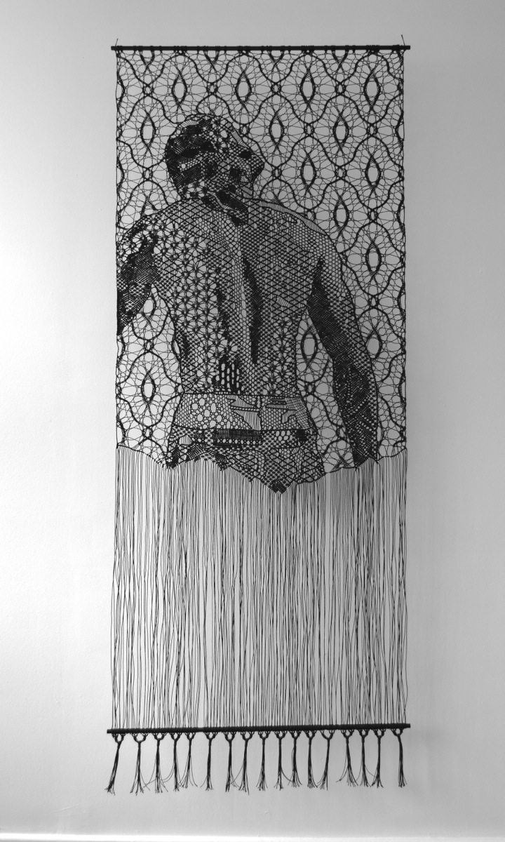 Pierre Fouché. The Judgment of Paris (after Wtewael) II. 2015. Bobbin lace and macramé in polyester braid. 2000 x 800mm. Private collection.