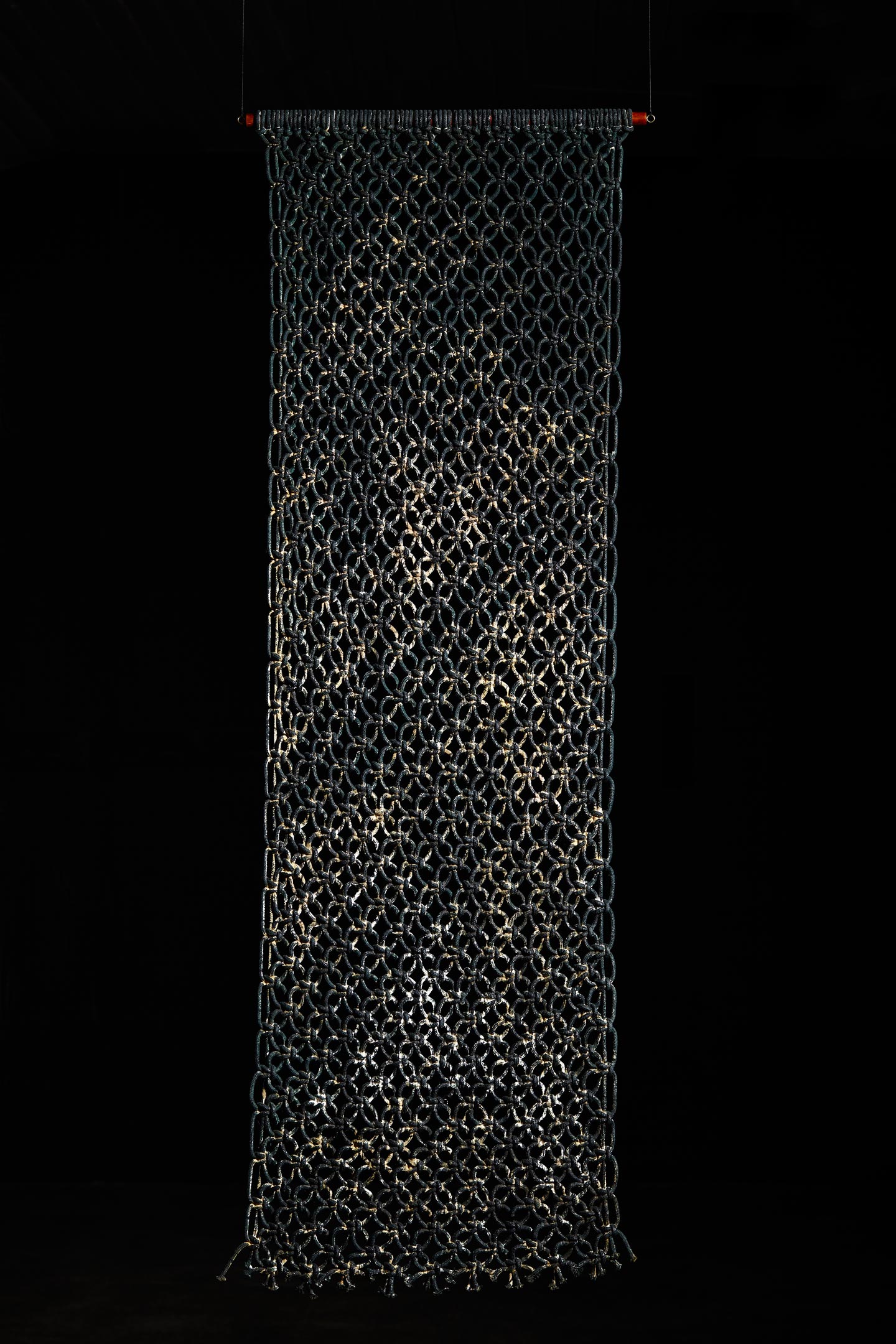 Pierre Fouché . Somewhere Else. 2014. Cotton rope, fabric dye, wood stain, glue size, enamel. 1620 x 570mm.