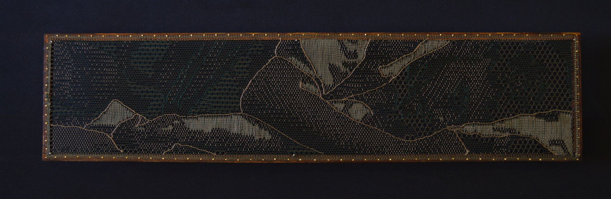 Pierre Fouché . Stéfan. 2014. Silk floss, wood, brass pins. 120 x 496mm