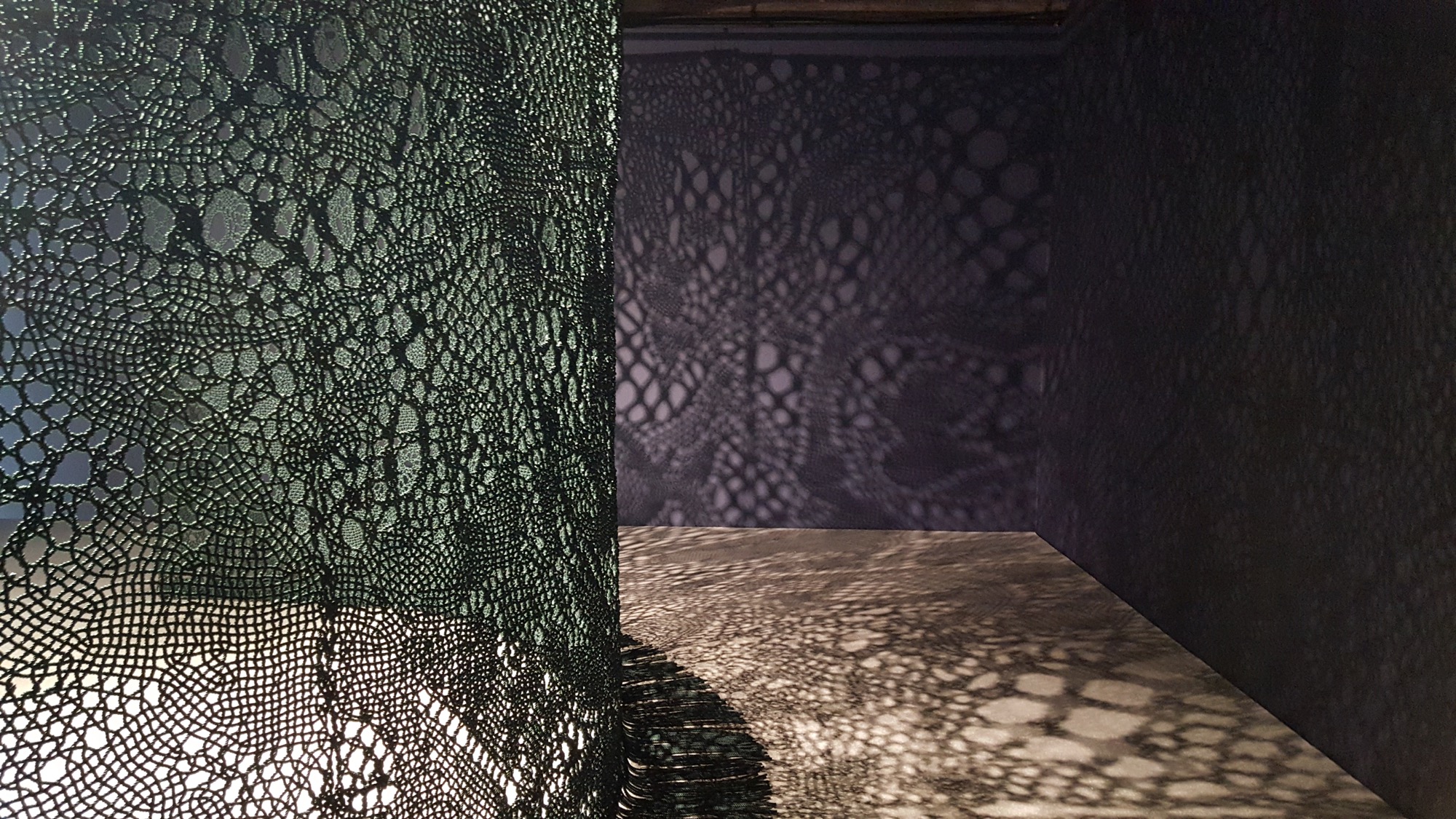 Pierre Fouché THE SEAS AND ALL WILL PART, EXPIRE 2017-19 6mm Acrylic cord bobbin lace with perfume accords of Tagetes Minuta (Khakibush), Lapsang Suchong, and Cape Snowbush Diorama panel: 350 cm x 780 cm
