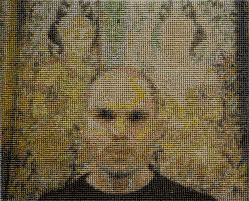 Pierre Fouché. 970 stitches missing. 2006. Warm gray no.5 marker, 6-stranded embroiderycotton, nylon thread, pine, galvanised steel bolts. 30 x 37 x 5cm. Private collection